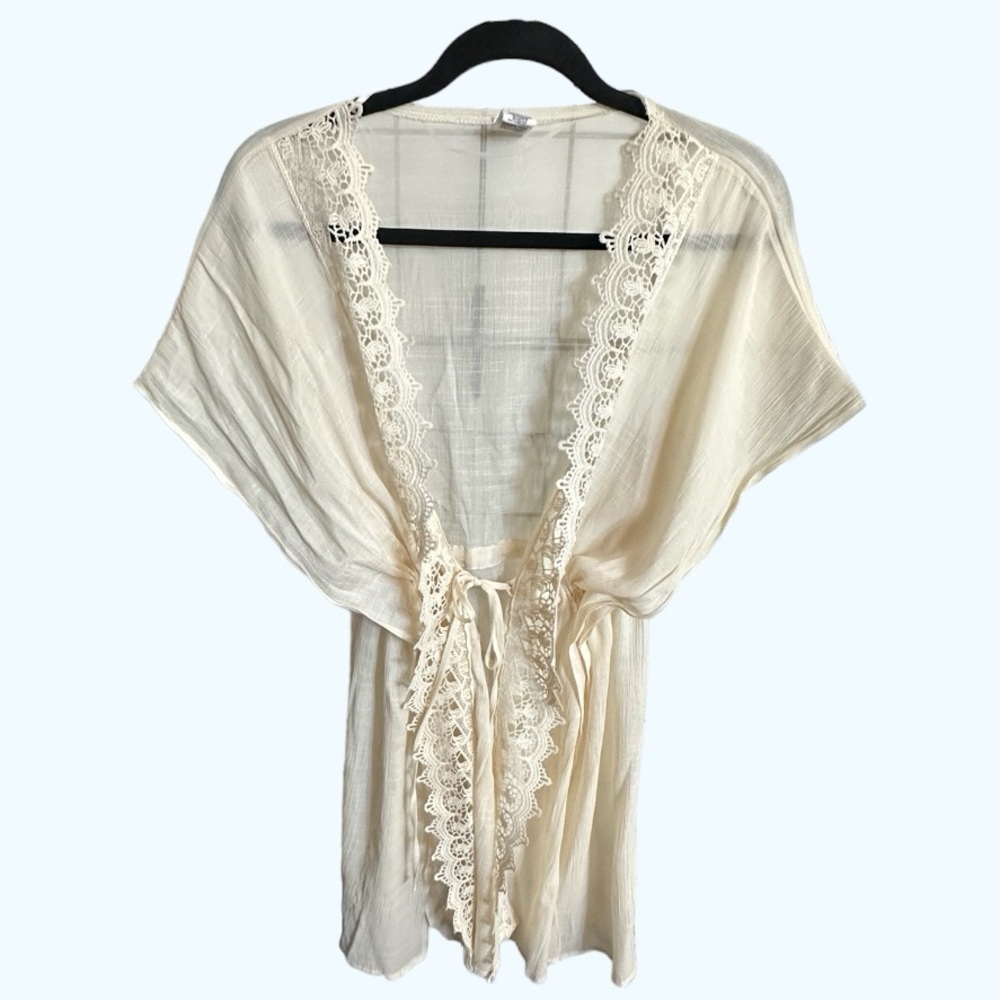 Ivory swim, lace trim kimono style cover-up
